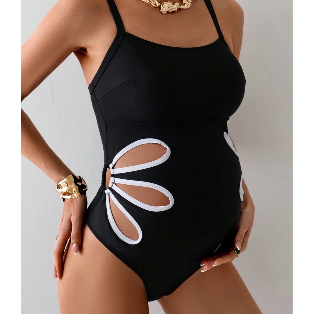 Black One-Piece Swimsuit with White Cutout Trim